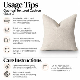 Oatmeal textured cushion usage tips and care instructions