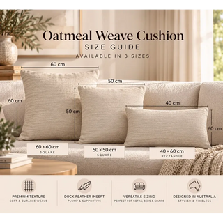 Oatmeal weave cushion size guide 60cm x 60cm 50cm x 50cm and 40cm x 60cm