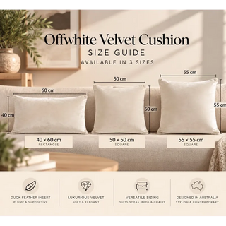 Off white velvet cushion size guide 40cm x 60cm 50cm x 50cm and 55cm x 55cm
