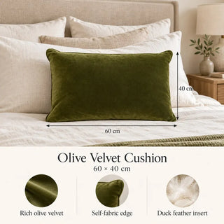 Olive velvet cushion size guide 40cm x 60cm on bed with fabric and feather close ups