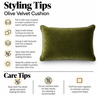 Olive velvet cushion styling tips and care tips