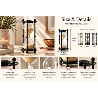 One hour hourglass in rounded stand 33cm size guide with tan black and white sand
