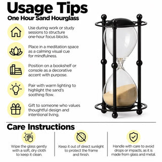 One hour hourglass in rounded stand usage tips and care instructions
