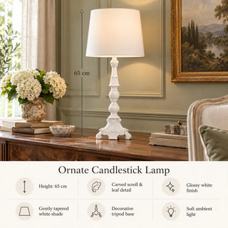 Ornate candlestick lamp 65cm height specifications on wooden sideboard with hydrangeas
