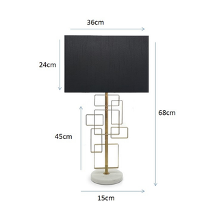 Tall 68 cm metal table lamp with black shade and marble base in modern living room.