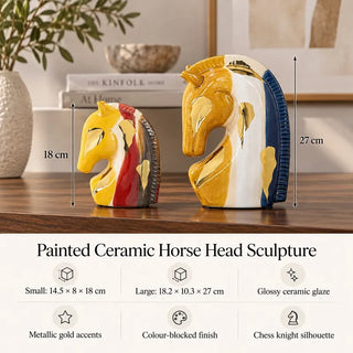 Painted ceramic horse head sculpture yellow red 18cm and yellow white 27cm size guide