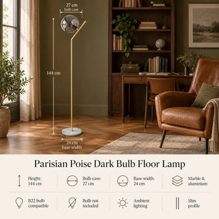 Parisian poise floor lamp with marble base 144cm height and 27cm globe specifications in study
