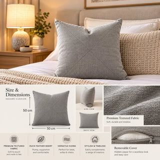 Pebble grey textured cushion specifications and fabric close ups
