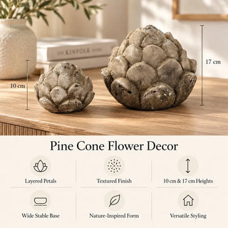 Pine cone flower decor 10cm and 17cm heights with feature icons on fluted oak sideboard