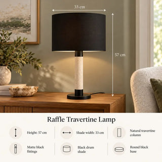 Raffle lamp with travertine stone and black shade 57cm height and 33cm width specifications