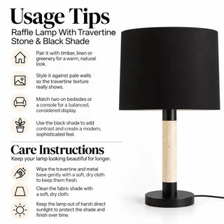 Raffle lamp with travertine stone and black shade usage tips and care