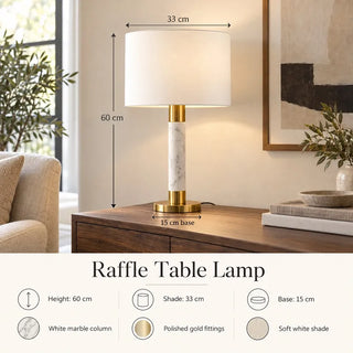 Raffle table lamp 60cm height 33cm shade 15cm base specifications on walnut sideboard
