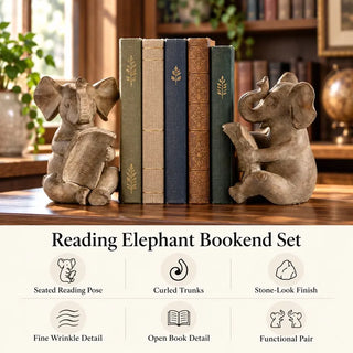 Reading elephant bookend set feature icons with pair flanking hardcovers on wooden desk