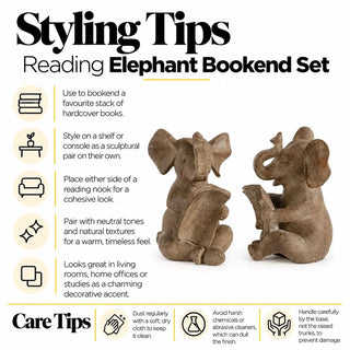 Reading elephant bookend set styling tips and care tips
