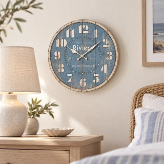 Riviera blue iron wall clock 34cm and 80cm size comparison with feature icons