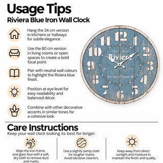 Riviera blue iron wall clock usage tips and care instructions