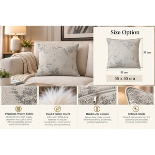 Rock infusion fancy grey cushion size guide 55cm x 55cm with feather and zip close ups