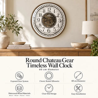 Round chateau gear wall clock 60cm diameter specifications above timber sideboard