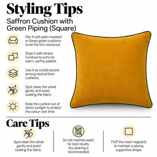 Saffron cushion with green piping styling tips and care tips