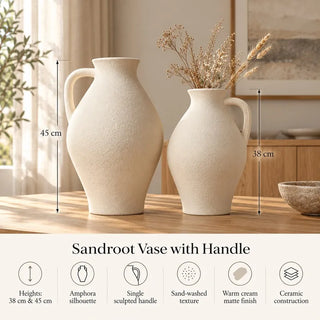 Sandroot vase with handle 38cm and 45cm size guide and feature icons on timber table