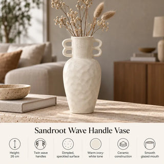 Sandroot wave handle vase 26cm height and feature icons on terrazzo coffee table