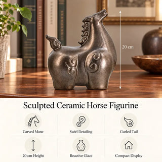 Sculpted ceramic horse figurine 20cm height and feature icons on wooden shelf