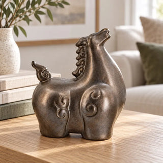 Sculpted ceramic horse figurine on oak coffee table beside linen books and cream sofa