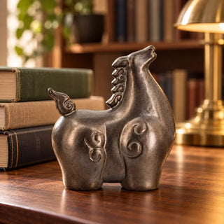 Sculpted ceramic horse figurine on walnut desk beside stacked books and brass lamp
