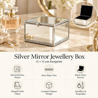 Silver mirror jewellery box 11cm x 11cm specifications on marble vanity with open lid inset