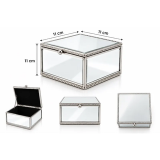 Silver mirror jewellery box dimensions 11cm x 11cm x 11cm with open lid front and top views