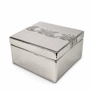 Silver square treasure box angled view with swirl pattern lid on white background