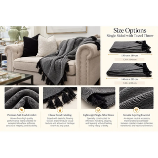 Single sided throw with tassels size options 130cm x 180cm and 140cm x 230cm