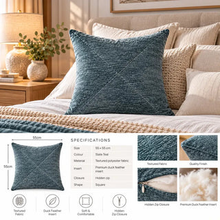 Slate teal textured cushion 55cm x 55cm specifications and fabric close ups
