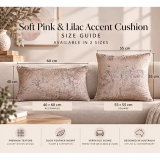 Soft pink and lilac accent cushion size guide 40cm x 60cm and 55cm x 55cm