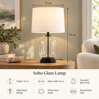 Soho glass lamp 55cm height and shade width specifications on oak side table