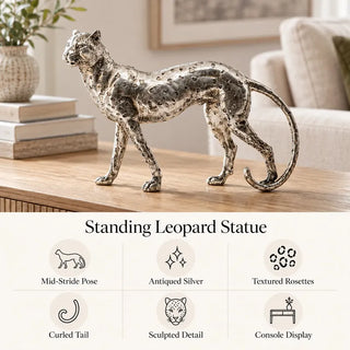 Standing leopard statue antiqued silver feature guide on fluted oak console