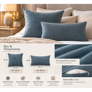 Steel blue weave cushion 60cm x 60cm and 40cm x 60cm specifications and fabric close ups