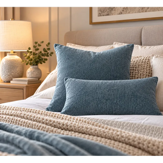 Steel blue weave cushion square and rectangle on bed with upholstered headboard