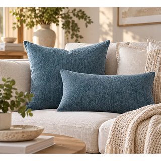 Steel blue weave cushion square and rectangle on cream sofa with knit throw