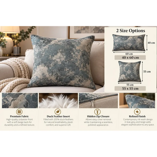 Teal grey and beige modern cushion size guide 40cm x 60cm and 55cm x 55cm on cream sofa