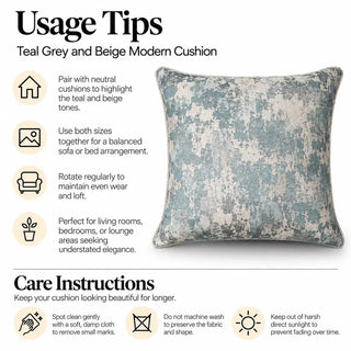 Teal grey and beige modern cushion usage tips and care instructions
