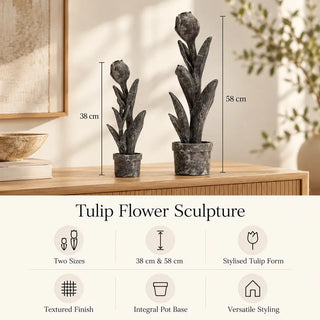 Tulip flower sculpture 38cm and 58cm size guide on fluted oak sideboard
