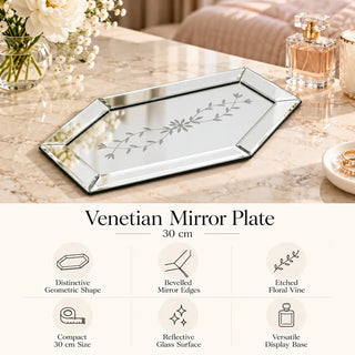 Venetian mirror plate 30cm feature guide on marble dressing table beside perfume bottle