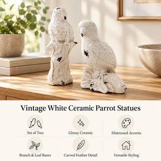 Vintage white ceramic parrot statues set of two features card on oak console