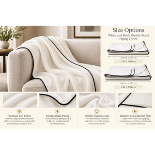White and black double sided piping throw size options 130cm x 180cm and 140cm x 230cm