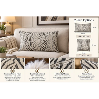 White beige black and grey zebra cushion size guide 40cm x 60cm and 55cm x 55cm