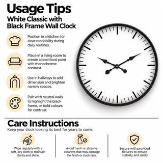 White classic wall clock with black frame usage tips and care instructions