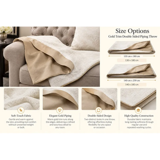 White double sided piping throw with gold trim size options 130cm x 180cm and 140cm x 230cm