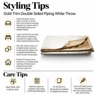 White double sided piping throw with gold trim styling tips and care tips