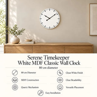 White mdf classic wall clock 80cm diameter specifications above oak sideboard